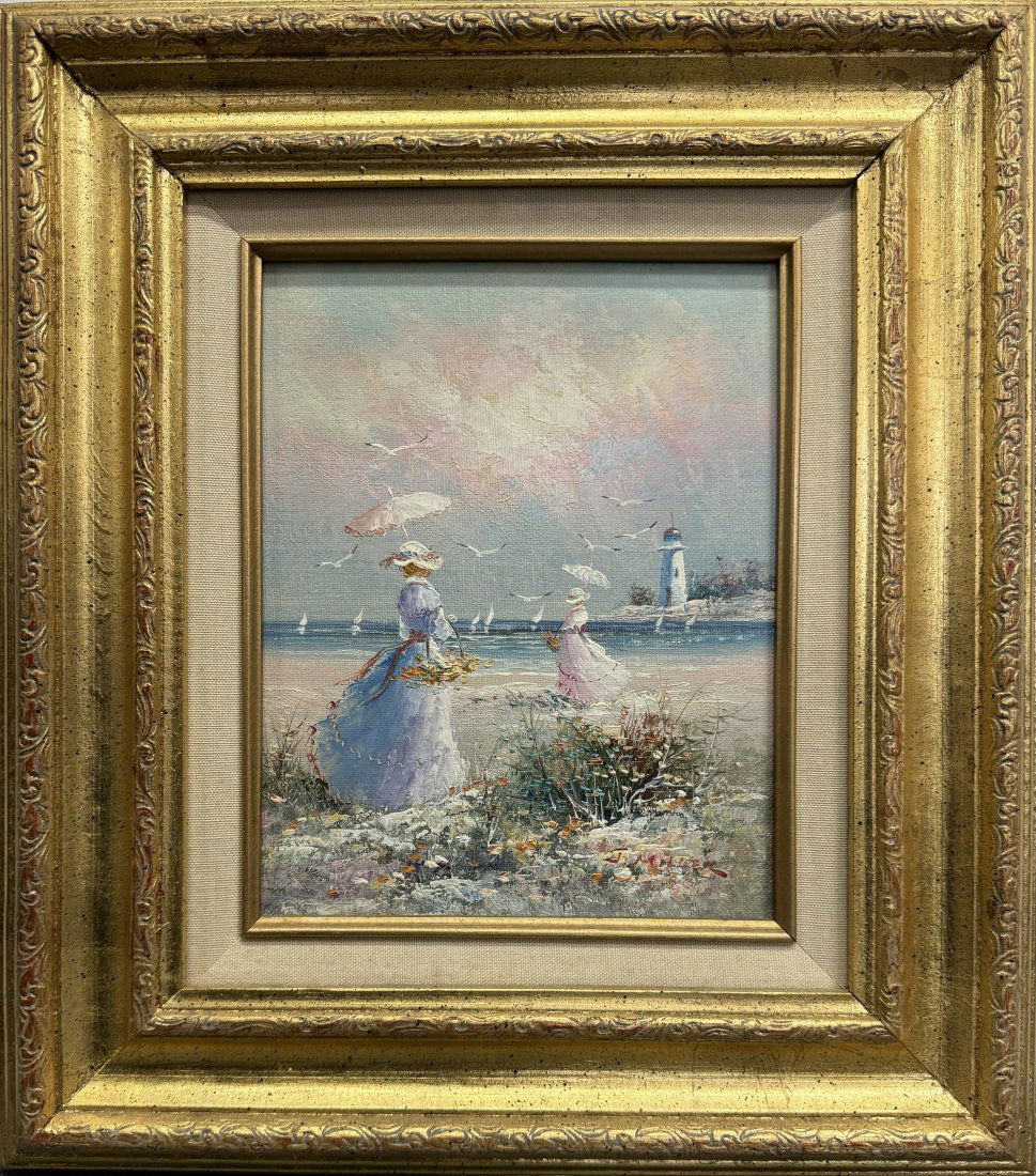 J. Miller Vintage or Antiqe Signed Oil on Canvas Painting Two Women on the Shore with Umbrellas (1 of 6)