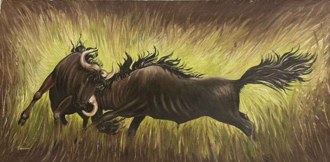 “Challenged“ by Lorena S Grotefend Signed Oil on Board 1968 Wildebeasts Sparring African Savanna: Described By:Sam HFA 2024X Title: “Challenged“ by Lorena S Grotefend Signed Vintage Oil on Board 1968 Wildebeasts Sparring on the African Savanna Unframed Description:“Challenged“ by Lorena S