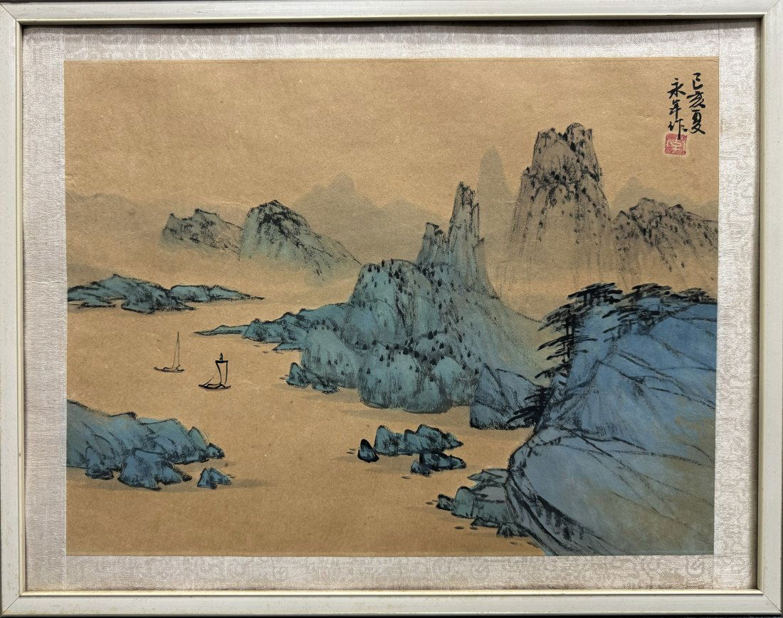 Signed Antique Chinese Hong Kong Bay Landscape Blue Mountains Woodblock Print (1 of 6)