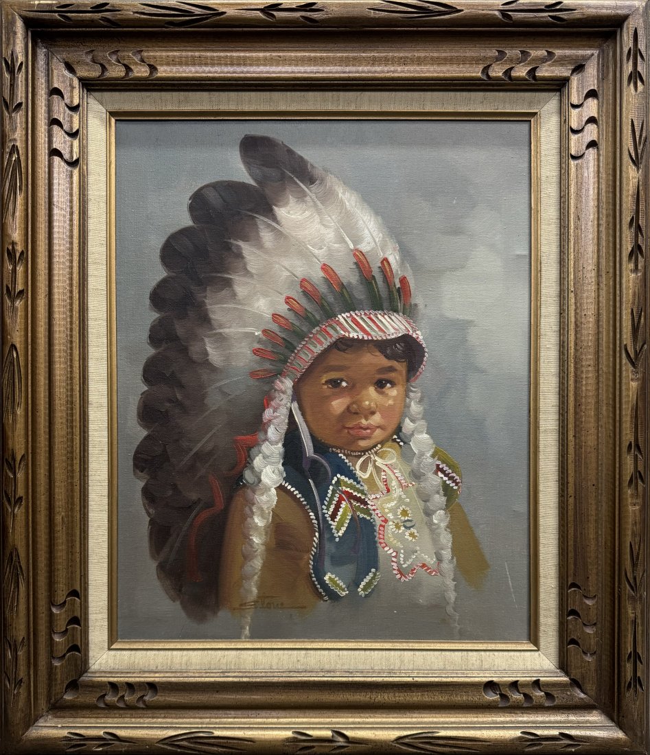Fred Stone Original Oil on Canvas Native American Inuit Child in Headress Portrait Painting: Described By:Sam HFA 2024X NOD Title: Fred Stone Original Oil on Canvas Native American Inuit Child in Headress Portrait Painting Description:Fred Stone Original Oil on Canvas Native American Inuit Ch