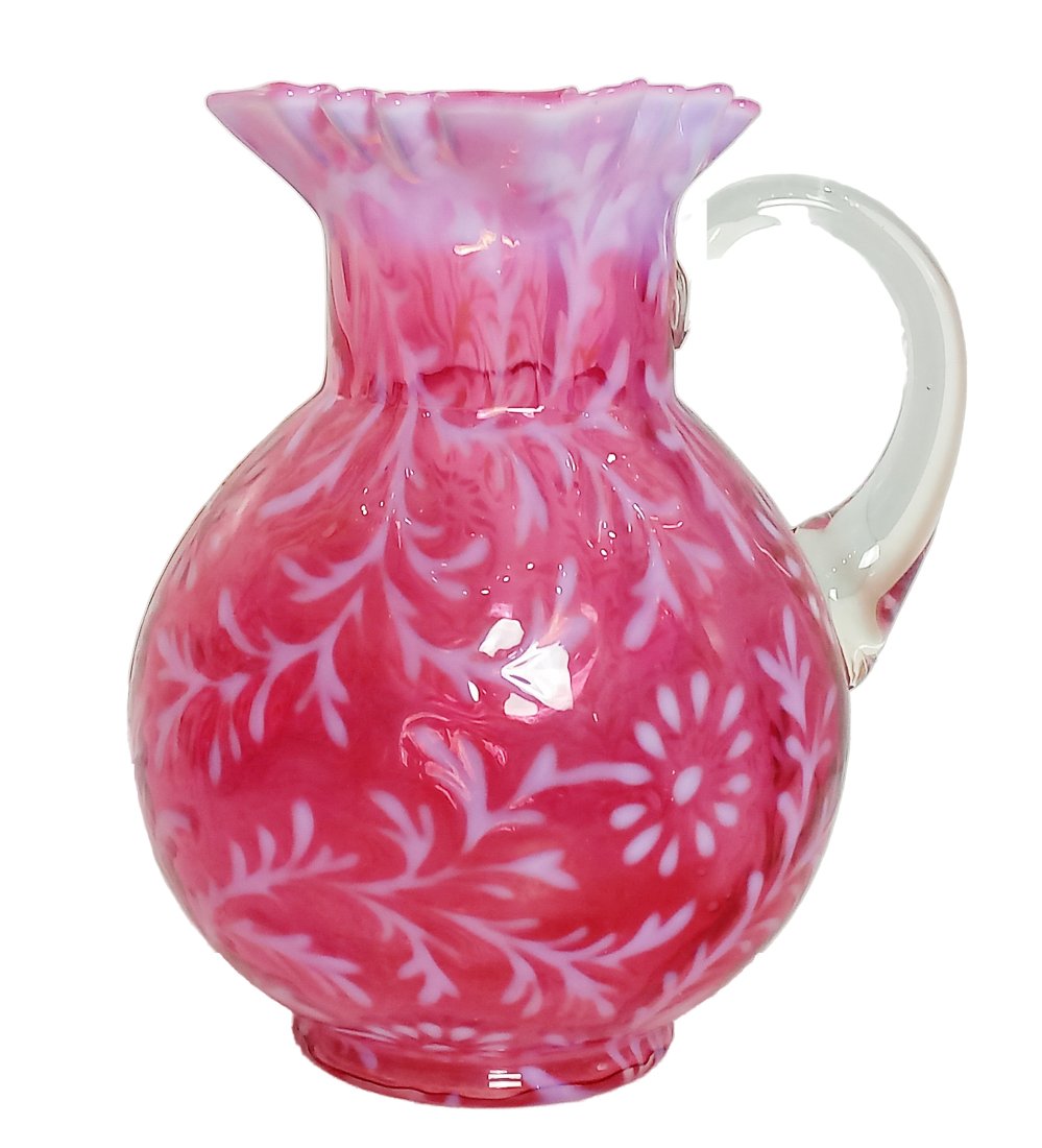 Antique 1900s Pink Opalescent Floral Fenton Blown Glass Pitcher w/ Handle (1 of 7)
