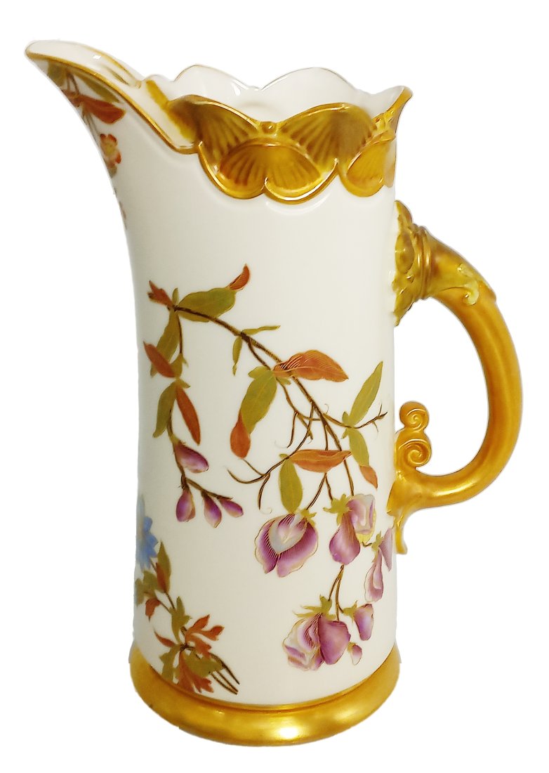 Antique Victorian Royal Worcester Custard Cream Color Floral Porcelain Ewer Pitcher (1 of 7)