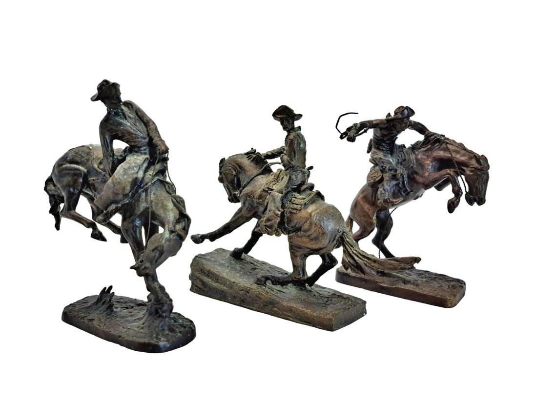 After Fredric Remington Set of 3 Bonze Horse Equestrian Cowboy Statue Figurines (1 of 10)