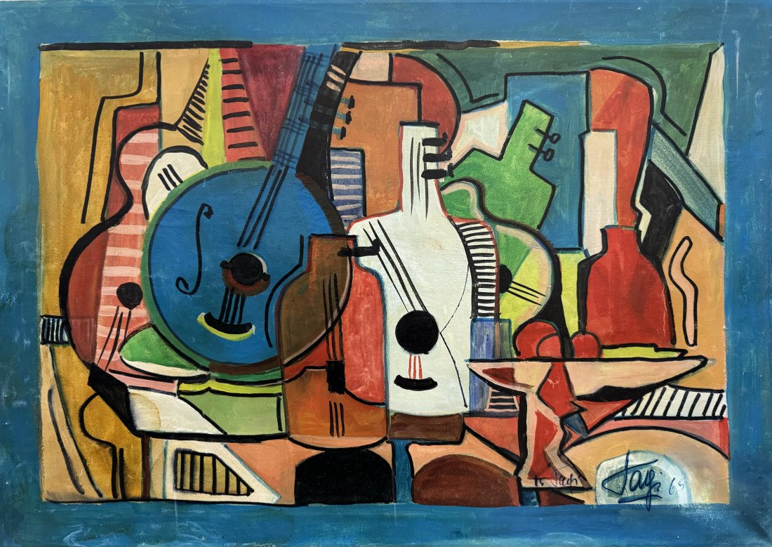 Vintage 1965 Signed Abstract Party Bar Scene Oil on Canvas Signed Jayi Painting (1 of 9)