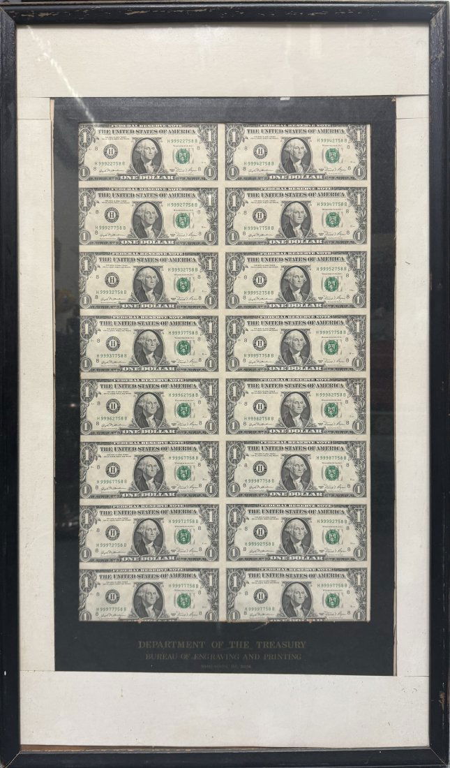 1981 Uncirculated Uncut Sheet of Washington $1 Dollar Bills Framed (1 of 6)