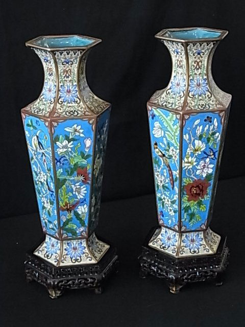 Tall Pair Fine Cloisonné Vases Panel Design Pheasa: Tall Pair Fine Cloisonné Vases Panel Design Pheasant Bird of Paradise w/ Carved Wood Stands From European Estate CNX Description: These are quite beautiful, brass and enamel cloisonné, bright and