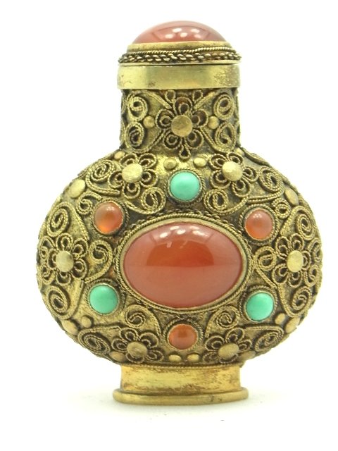 Miniature Bronze Dore Gilt Metal Cannetille Stone Set C: Miniature Bronze Dore Gilt Metal Cannetille Stone Set Chinese Japanese Southeast Asian Snuff Opium Pharmacy Bottle CNX Description: This is a small, very ornate gilt / gold tone metal snuff bottle tha