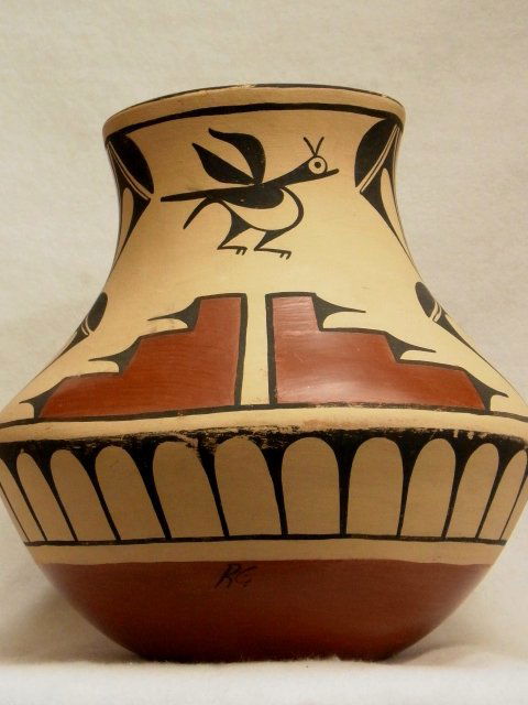 Signed Large R.G. Acoma Native American Pottery Oll: Description: Signed Large R.G. Acoma Native American Pottery Olla Vase Birds and Abstract Stylized Motifs Approx. Dimensions or Size: 10” wide diameter, 9 ½” high, 5 ½” mouth diameter, 4”