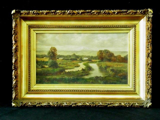Signed Henry Hulsman Autumn Landscape with Distant: Description: Signed Henry Hulsman Autumn Landscape with Distant Peak Oil Painting Original Ornate Gilt Newcomb Macklin Frame with Chicago Label and Provenance Local Collection. Canvas 8 ¼” h X 14
