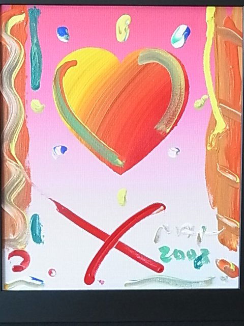 Original Peter Max Painting Heart Series Large Rear: Original Peter Max Painting Heart Series Large Rear Drawing GREAT Provenance Description: Peter Max Heart Series Version I #1. Acrylic on canvas sheet 14 x 12”, signed lower right & dated 2003 low