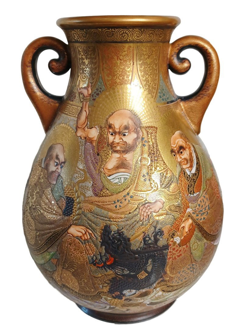 Large Signed Kyoto Fuzah Satsuma Antique Gilt Pottery 13.5 inch Handled Japanese Nobles Elders Vase (1 of 7)