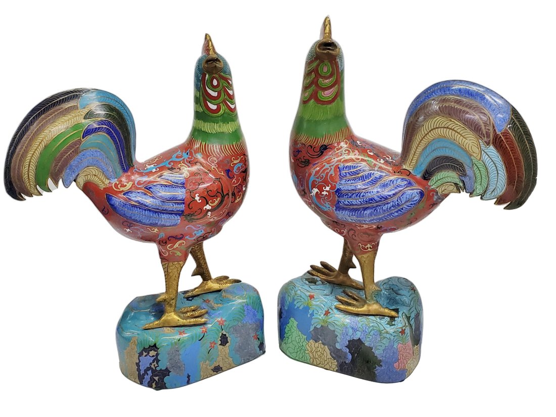 Kirstie Alley Estate Huge 22in Cloisonne Rooster Pair Old Chinese Qing to Republic COA (1 of 11)