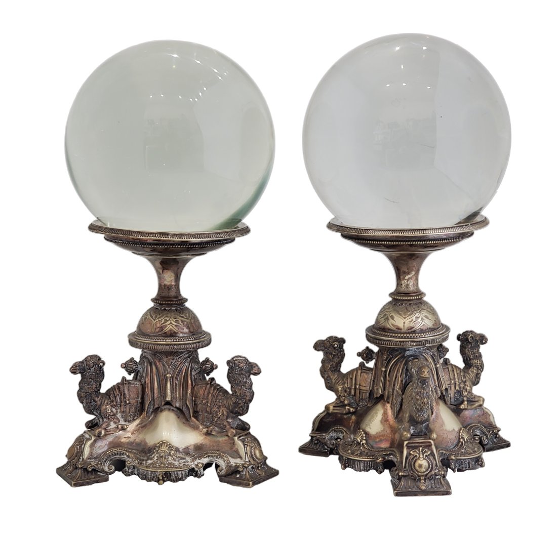 Kirstie Alley Estate Victorian Orientalist Silverplate Camel Tazza Pair Baccarat Crystal Orb Ball CO (1 of 8)