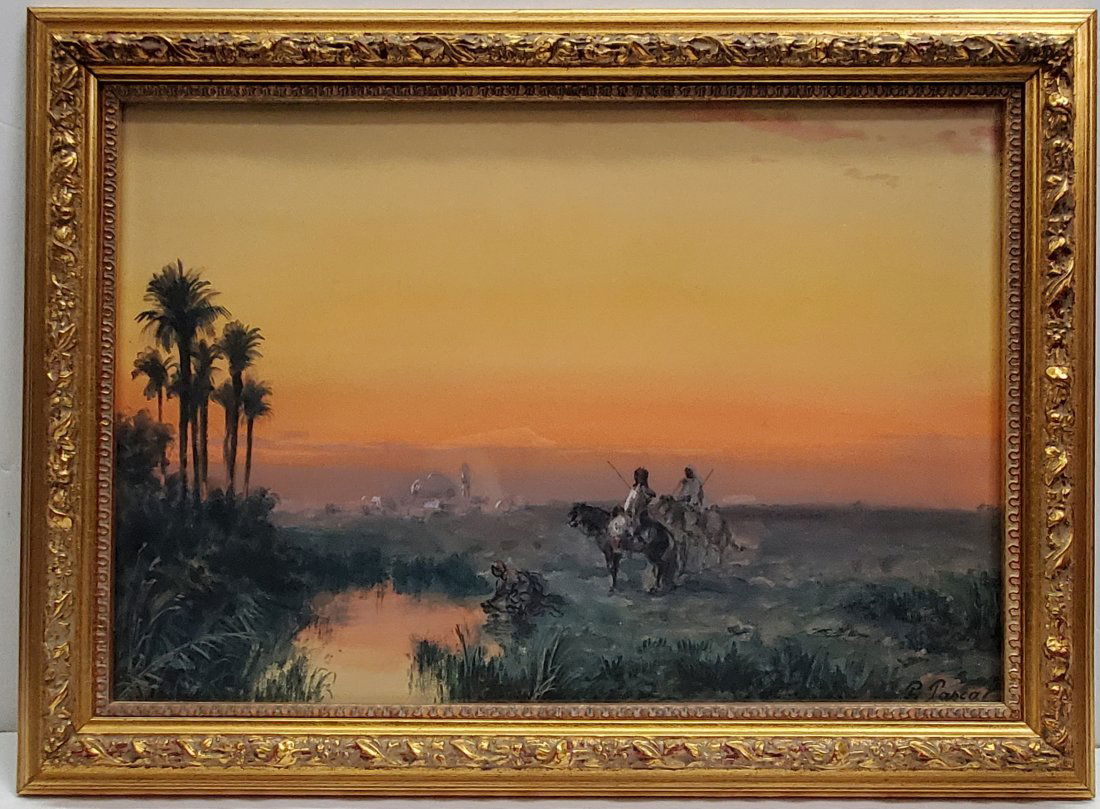 Paul Pascal 19c Orientalist Sunset Watercolor Gouache French Continental Arab Horseback Landscape Pa: Described By:Michelle NOED HFA VX Title:Paul Pascal 19c Orientalist Sunset Watercolor Gouache French Continental Arab Horseback Landscape Painting Description: Paul Pascal 19c Orientalist Sunset Water