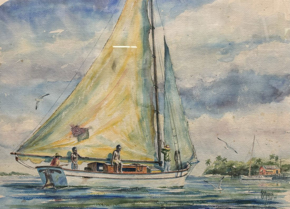 Large Jack Roland “Murf the Surf” Murphy Original Watercolor Painting Sailboat in Harbor (1 of 11)