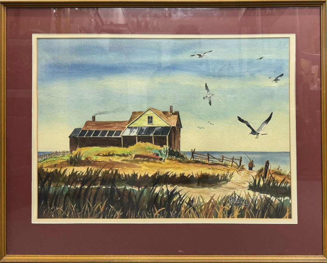 Murph the Surf Jack Roland Murphy Large Original Watercolor Painting Fishing by the Seaside Cabin (1 of 9)