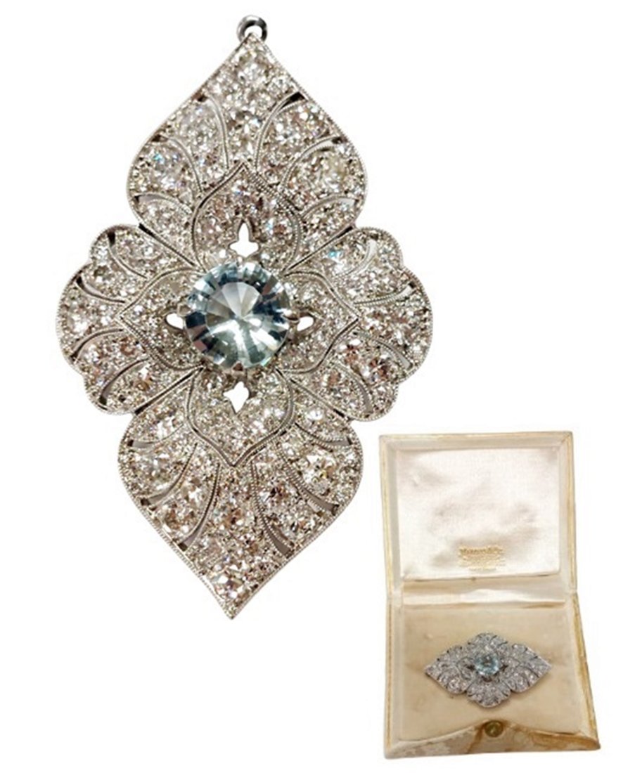 Antique Marcus & Co. 5ctw Fine Old Euro Diamond Aquamarine Center Platinum Art Nouveau Era Pendant B (1 of 12)