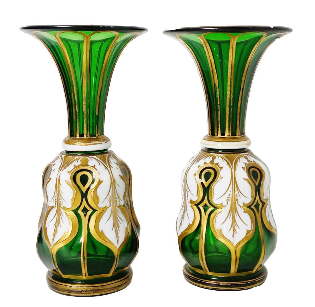 Pair Of Antique Bohemian Gilt Art Glass Nouveau Vases Or Murano Czech