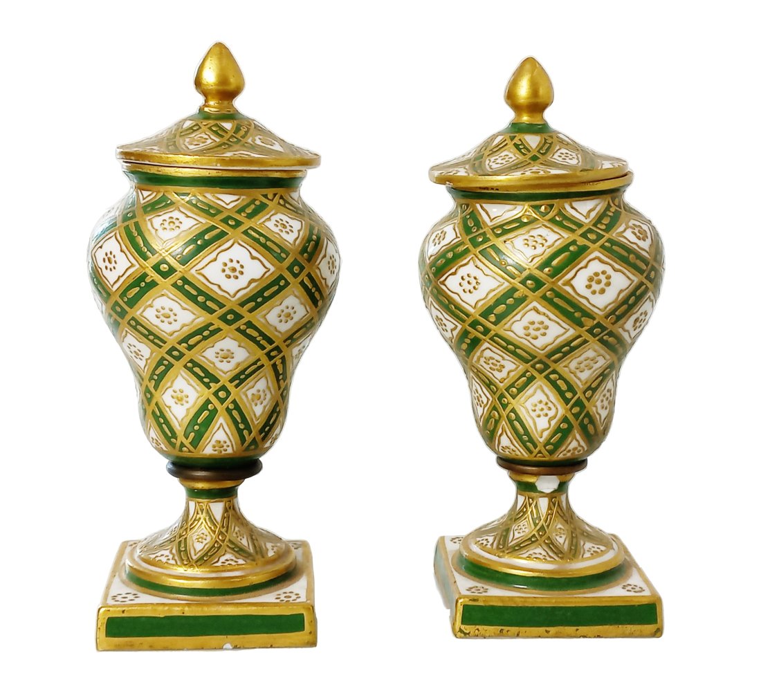 Pair of Antique Sevres 5 Inch Urn Lidded Garnitures Gilt Pedestal Signed to Fix (1 of 7)