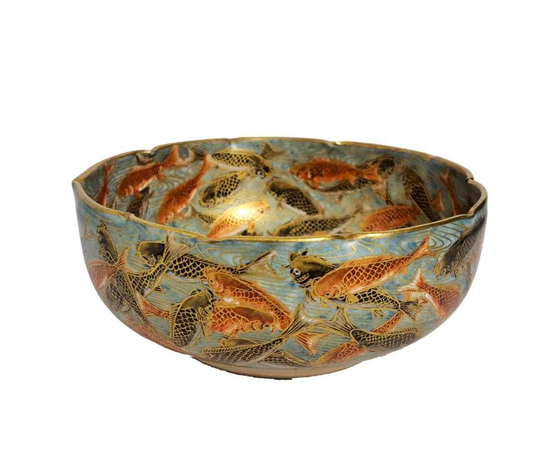 Antique Meiji Taisho Signed Satsuma Pottery Bowl Koi Fish Motif (1 of 8)