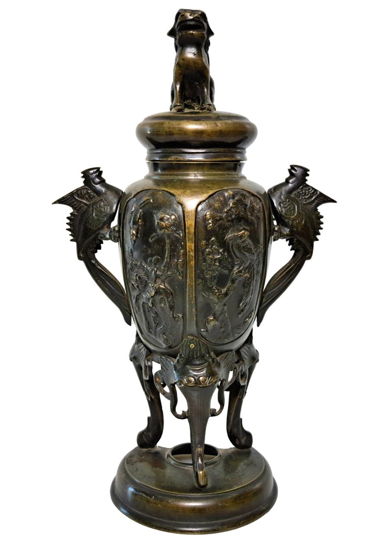 Antique Chinese Japanese Bronze Qing Meiji Peacock Parrot Footed Lidded Panel Urn Vase Foo Finial As (1 of 8)