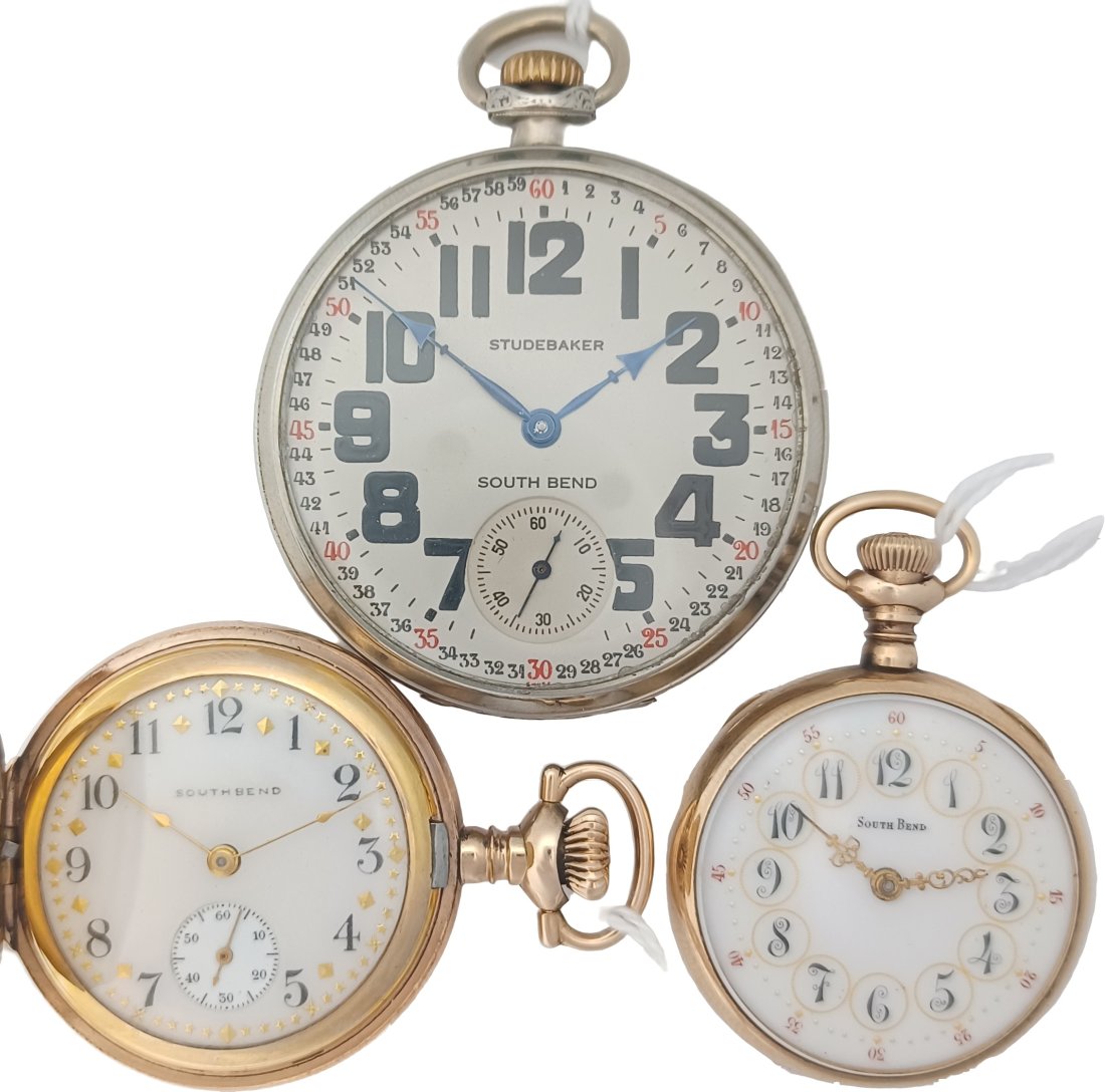 Lot Of 3 South Bend Antique Fancy Pristine Dial Studebaker Hunter & Openface Running Pocket Watches (1 of 6)