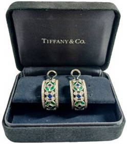 Rare Tiffany & Co Special Order Edwardian Jazz Collection Diamond Sapphire Emerald Platinum Earrings (1 of 7)