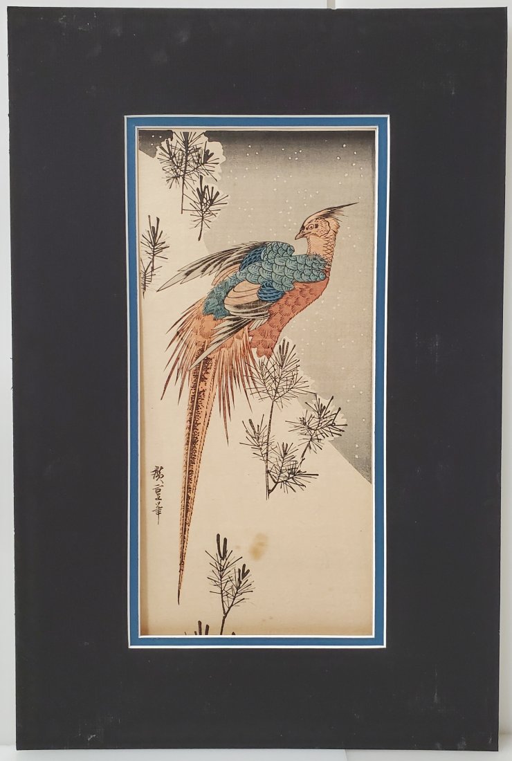 Utagawa Hiroshige Old to Antique Japanese Bird Woodblock Print: Described By:Michelle NRD DBJQ Title:Utagawa Hiroshige Old to Antique Japanese Bird Woodblock Print Description: Provenance: The personal collection of Washington DC gallery owner Lemar Joichin who op