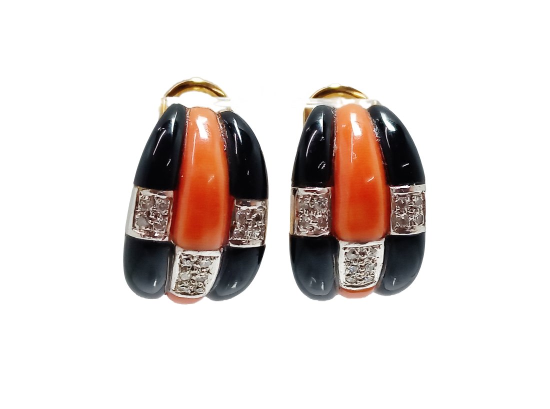 Finely Crafted Diamond Coral Onyx Art Deco Style 14K Gold 1980s Vintage Earrings (1 of 6)