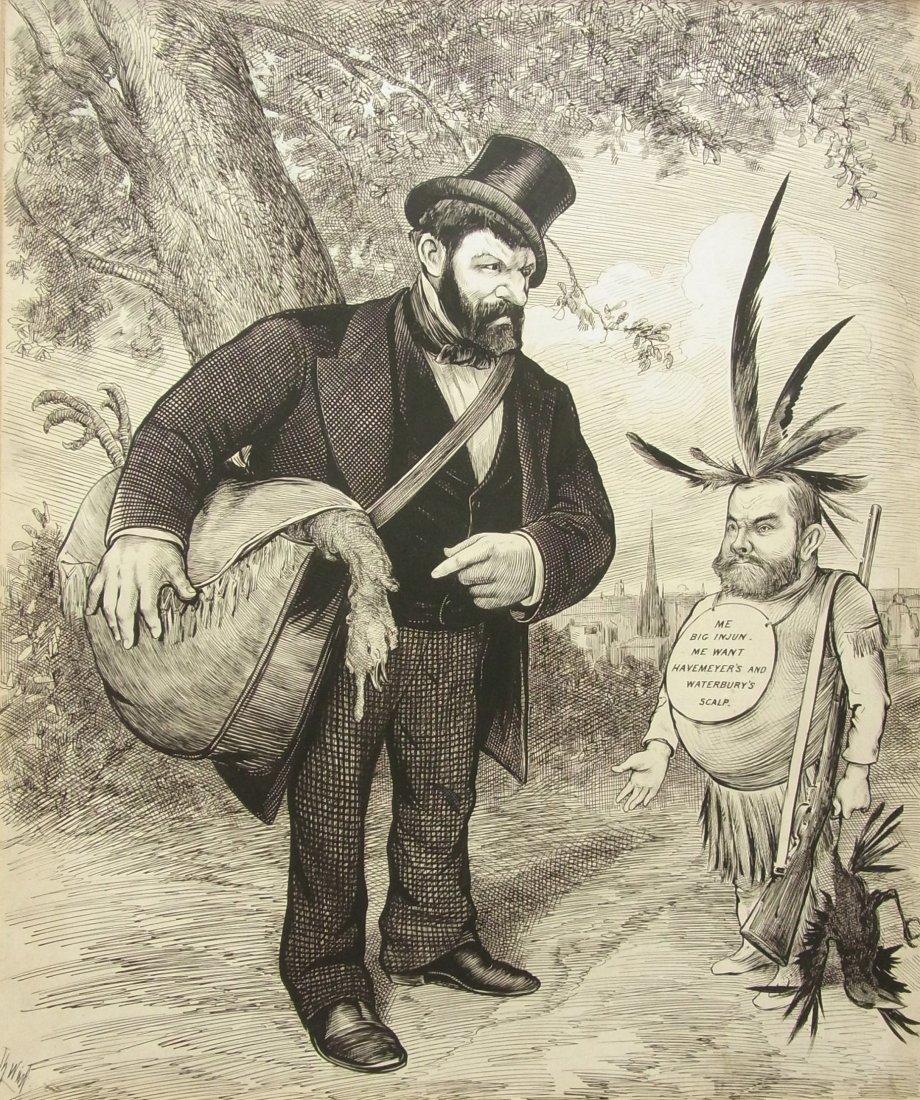 Thomas Wust Me big injun. Me want Havmeyer's and: Prestigious Charles L. Howard Collection Thomas Wust Me big injun. Me want Havmeyer's and Waterbury's scalp Editorial Original Political Illustration Cartoon Newspaper Pen and Ink Drawing Negative Pot