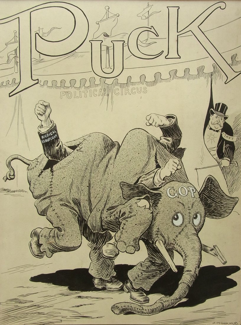 Louis M. Glackens Taft and G.O.P. Puck, Oct. 16, 1: Louis M. Glackens Taft and G.O.P. Puck, Oct. 16, 1911 Editorial Original Political Illustration Cartoon Newspaper Pen and Ink Drawing Prestigious Charles L. Howard Collection Description: Prestigious 