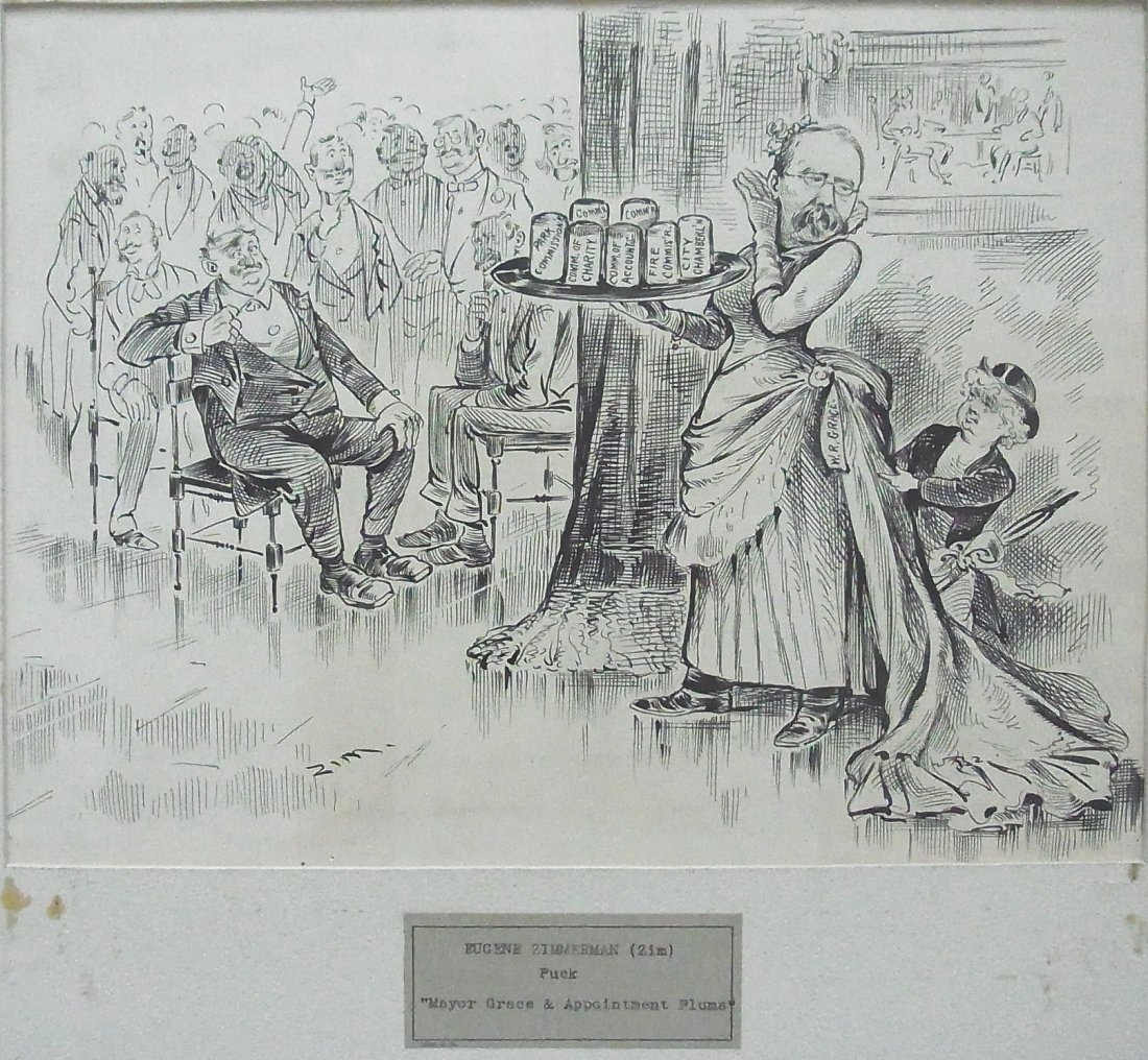 ZIM Eugene Zimmerman PUCK 1885 Mayor Grace & Appoin: Prestigious Charles L. Howard Collection ZIM Eugene Zimmerman PUCK 1885 Mayor Grace & Appointment Plums Editorial Original Political Illustration Cartoon Newspaper Pen and Ink Drawing New York Descrip