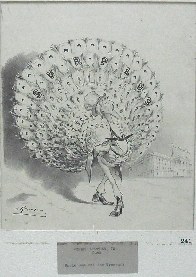 Joseph Keppler. Puck Magazine New York Uncle Sam: Prestigious Charles L. Howard Collection Joseph Keppler, Jr. Puck Magazine New York Uncle Sam and the U. S. Treasury Editorial Original Political Illustration Cartoon Newspaper Pen and Ink Drawing Des