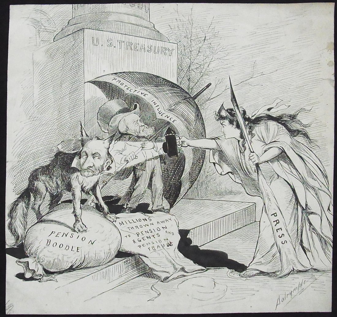 Louis Louis Dalrymple Puck Magazine 1890 ‘Pension B: Collection Louis Louis Dalrymple Puck Magazine 1890 ‘Pension Boodle’ Protective Influence U.S. Treasury with the Press revealing the Fraud Editorial Original Political Illustration Cartoon Newspap
