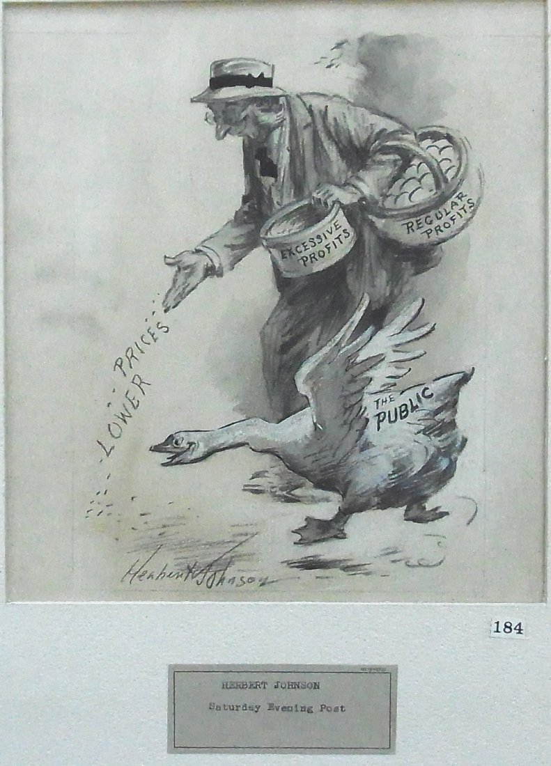 Johnson Herbert Saturday Evening Post lower prices: Clh239 Prestigious Charles L. Howard Collection Johnson Herbert Saturday Evening Post Excessive and Regular Profits’ Editorial Original Political Illustration Cartoon Newspaper Pen and Ink Drawing D
