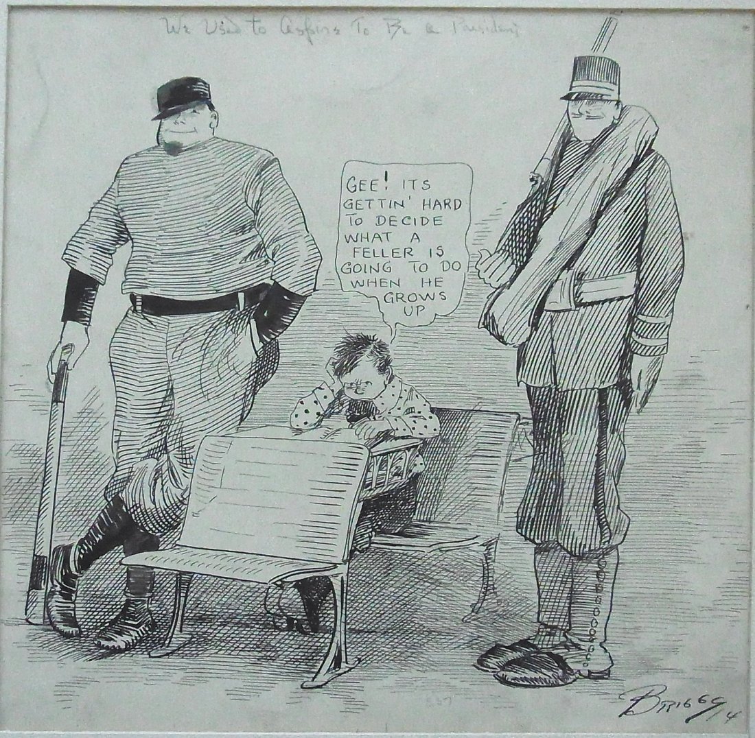 Briggs 1914 Aspirations of a Child to be President: Clh384 Prestigious Charles L. Howard Collection Cartoonist Clare Briggs 1914 Aspirations of a Child to be President, Baseball versus Military with caption ”Gee! Its Getting’ Hard To Decide What A 