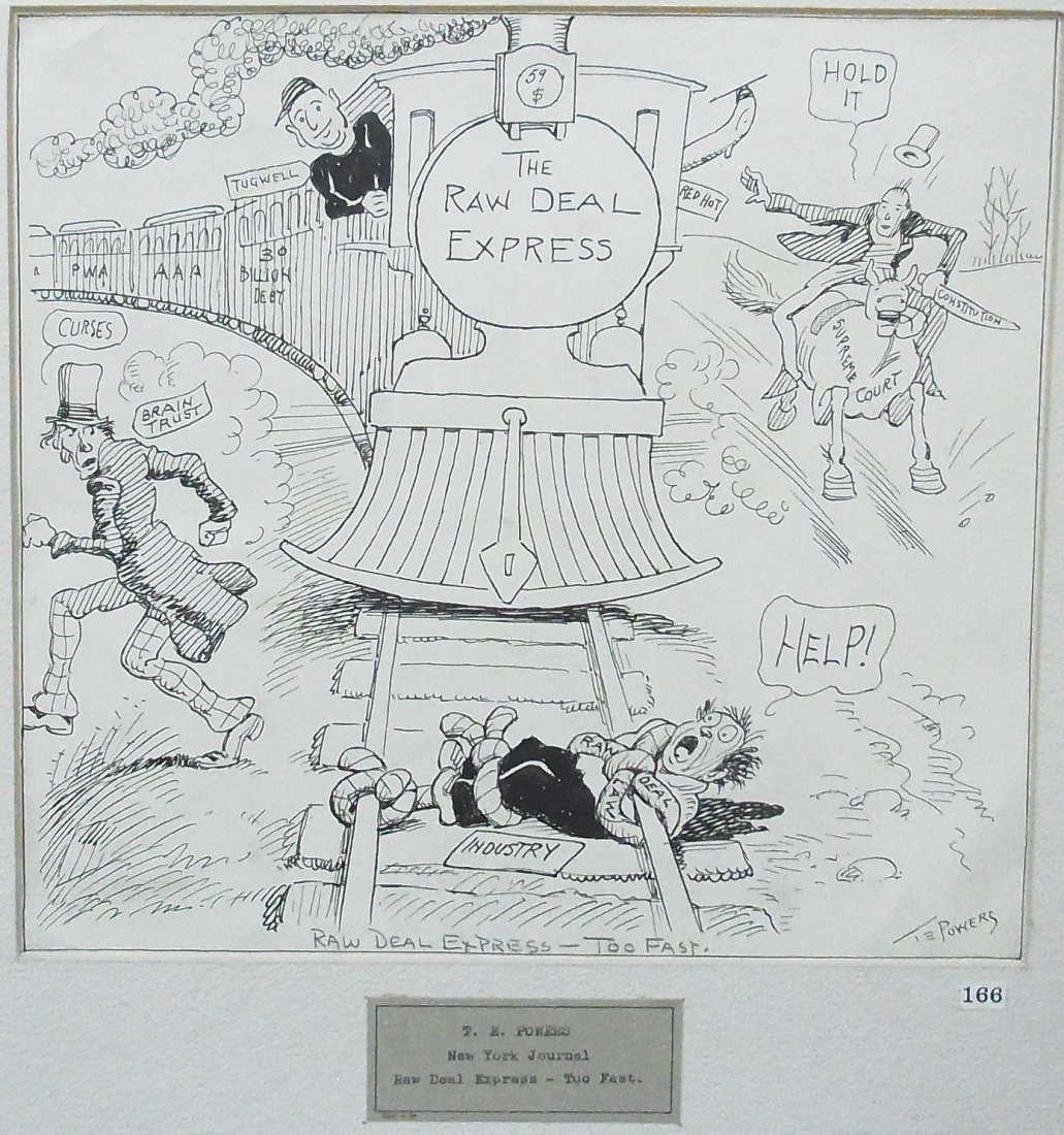 Howard Collection Railroad Train The Raw Deal Expre: Clh 257 Prestigious Charles L. Howard Collection Railway Train Titled “The Raw Deal Express” Reference to The New Deal, PWA, AAA, 30 Billion Debt Railcars Editorial Original Political Illustration