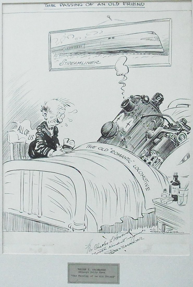 Vaughn Shoemaker Chicago Daily News “The Passing o: Vaughn Shoemaker Chicago Daily News “The Passing of an Old Friend” All Of Us Mourn The Old Romantic Locomotive 301 Steam Engine Obsolete Streamliner Railroad Editorial Original Political Illustrat