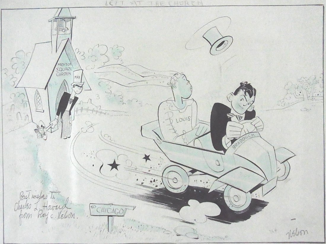 Roy C. Nelson Joe Louis Braddock Boxing Match Scam : Roy C. Nelson Joe Louis Braddock Boxing Match Scam Esquire Magazine Cartoonist Signed and Dedicated titled “Left at the Church” Original Political Illustration Cartoon Newspaper Pen and Ink Drawin