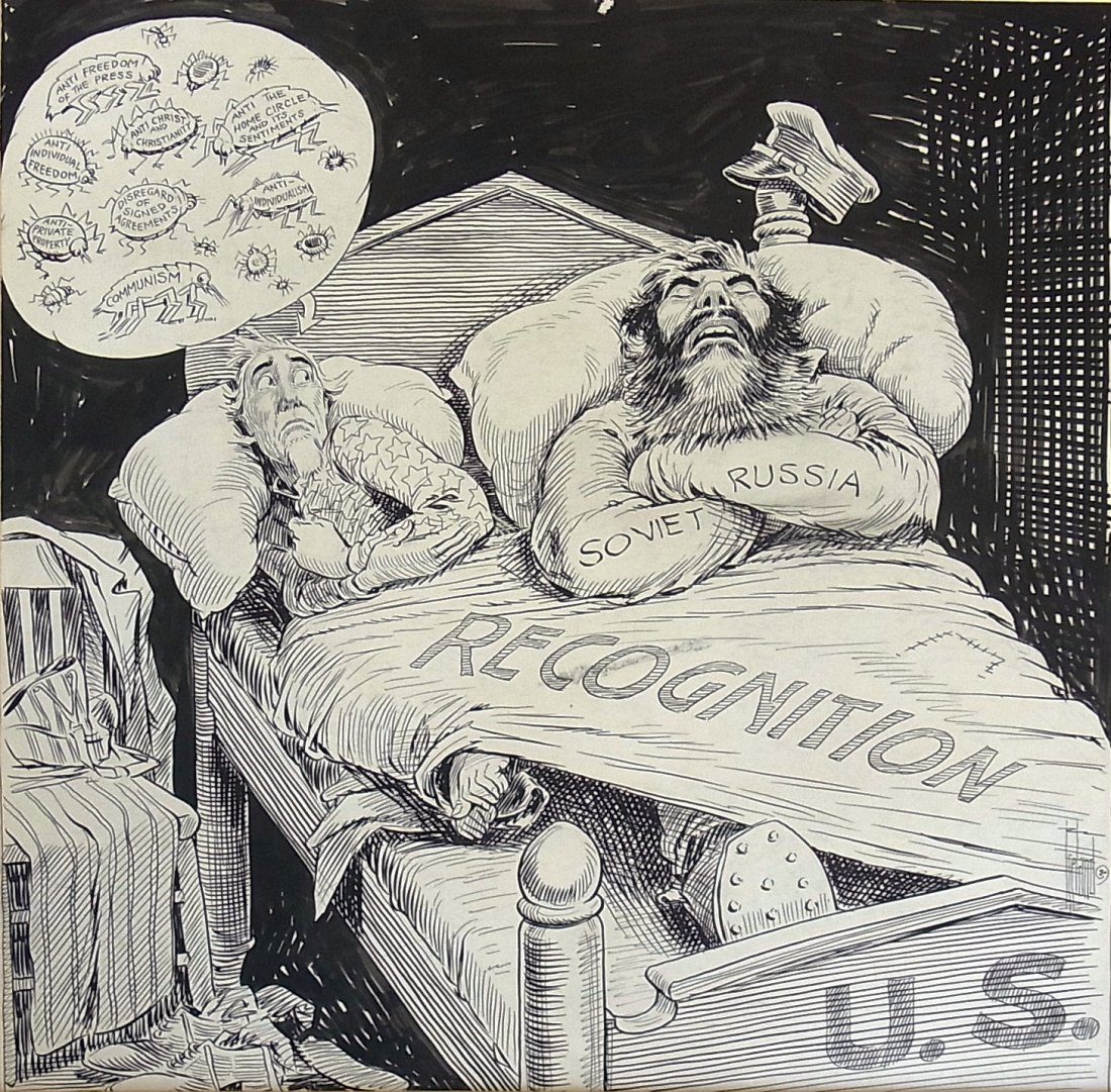 W.H. Ireland Soviet Russia Worrying Uncle Sam Colum: W.H. Ireland Soviet Russia Worrying Uncle Sam Columbus Dispatch “Sweet Dreams, Samuel” Exhibited Art Institute Chicago Editorial Original Political Illustration Cartoon Newspaper Pen and Ink Drawi