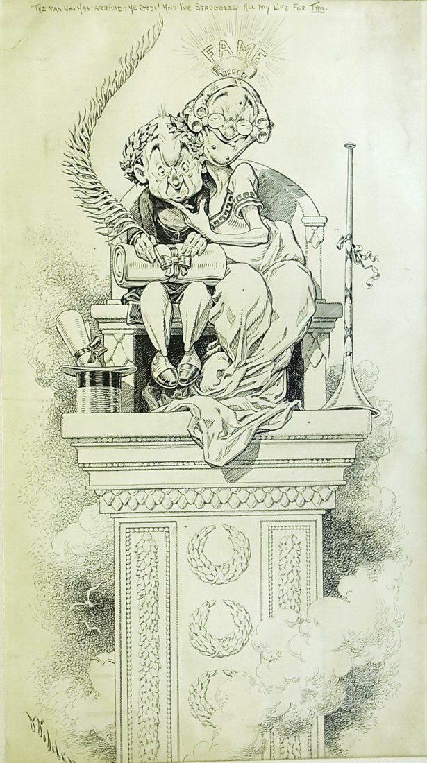 Merrill Wilder Classic Seeking Fame Puck Magazine 1: Merrill Wilder Classic Seeking Fame Puck Magazine 1910 “The Man Who Has ‘Arrived’: Ye Gods! And I’ve Struggled All My Life For This” Editorial Original Political Illustration Cartoon Newspap