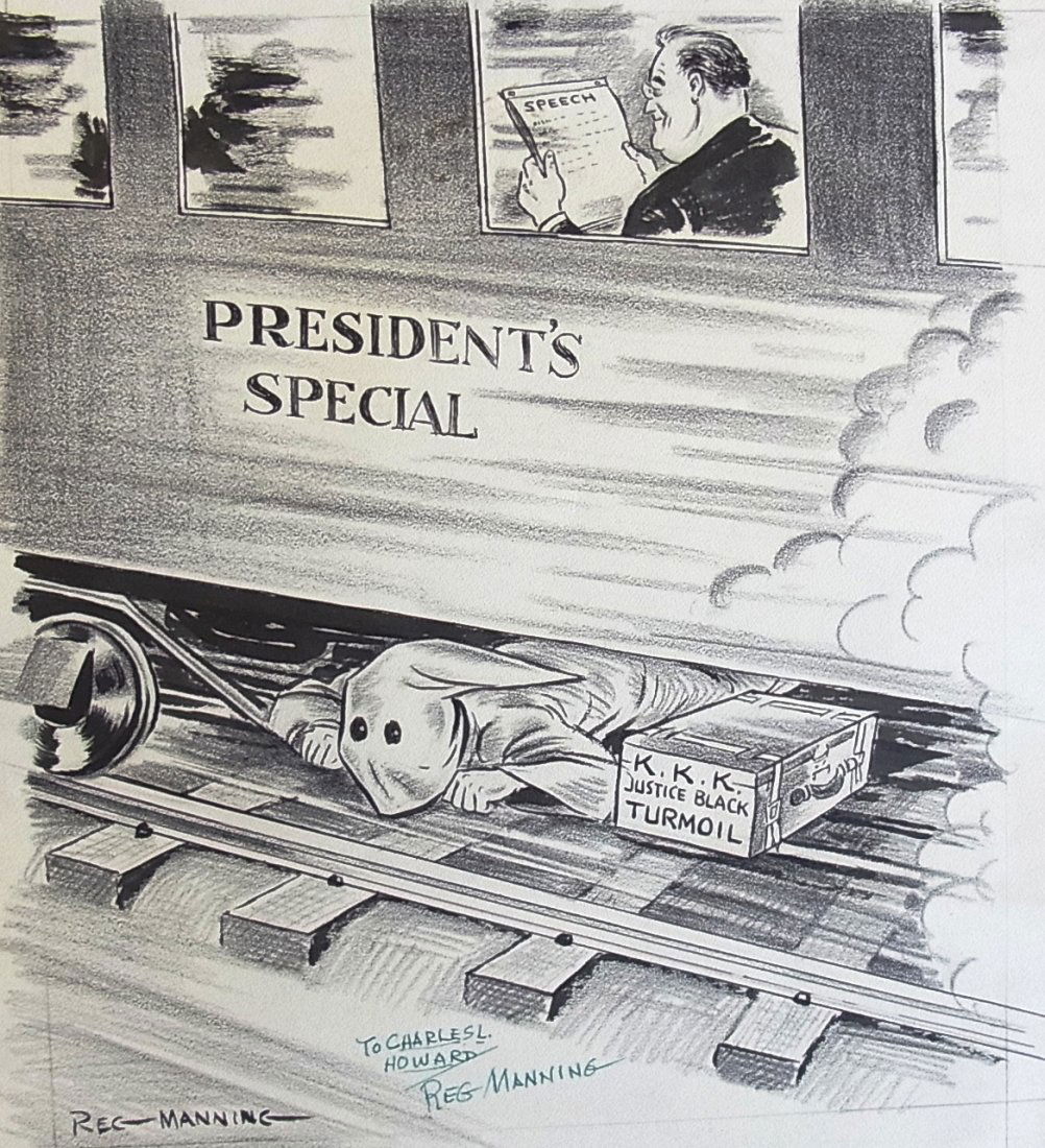 Reg Manning Ku Klux Klan FDR Locomotive Justice Fo: Reg Manning Ku Klux Klan FDR Locomotive Justice For Blacks Railroad Roosevelt Editorial Original Political Illustration Cartoon Newspaper Pen and Ink Drawing Description: Reg Manning Ku Klux Klan F
