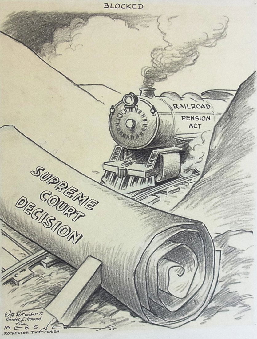 Elmer Messner Railroad Pension Act Rochester Times: Elmer Messner Railroad Pension Act Rochester Times New York Supreme Court 1935 Editorial Original Political Illustration Cartoon Newspaper Pen and Ink Drawing Description: Elmer Messner Railroad Pe