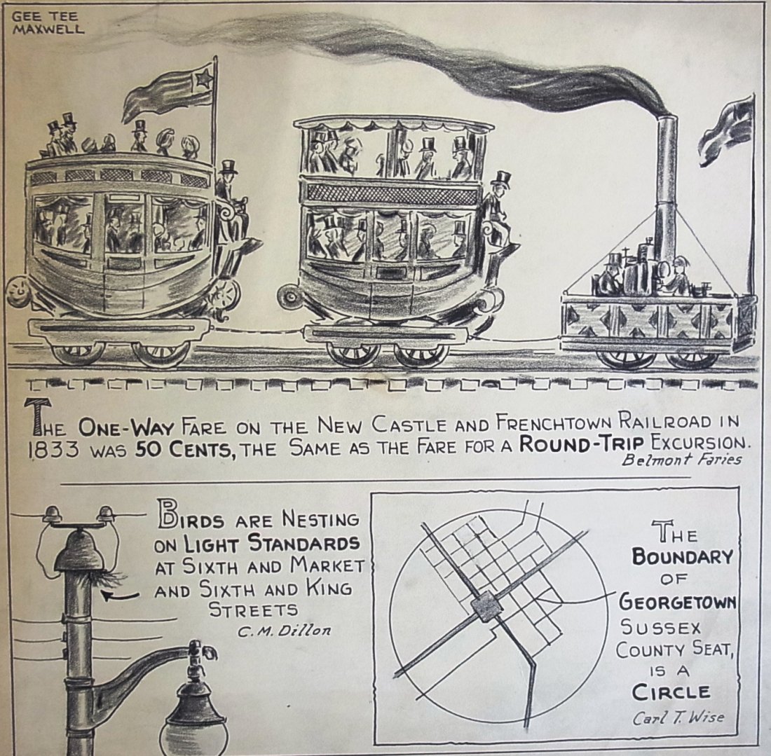 Gee Tee Maxwell Wilmington News Steam Train Histor: Gee Tee Maxwell Wilmington News Steam Train History Circa 1930s Railroad Oddly Enough Interesting Facts Editorial Original Political Illustration Cartoon Newspaper Pen and Ink Drawing Description: Gee