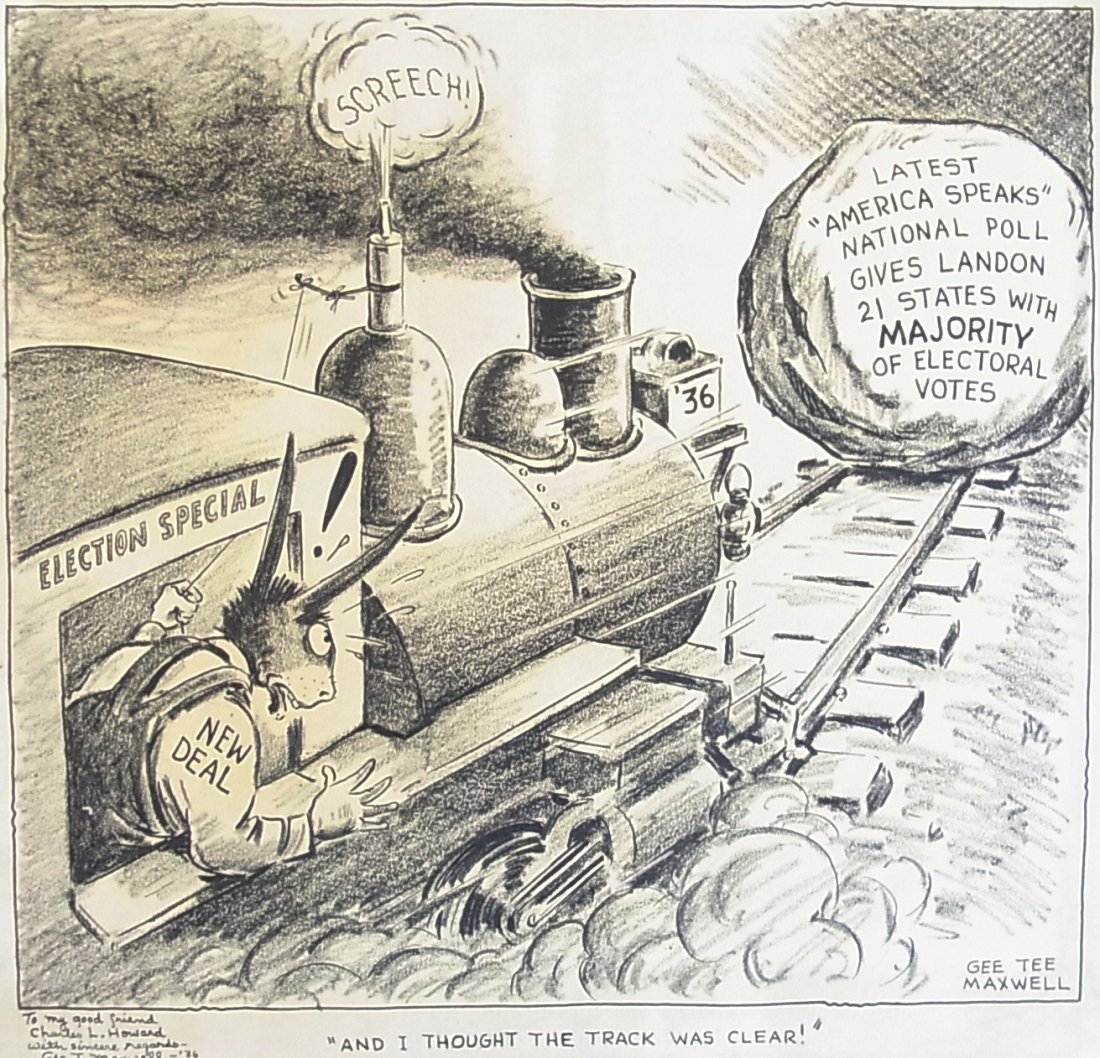 Gee Tee George Maxwell Alf Landon New Deal Locomot: Gee Tee George Maxwell Alf Landon New Deal Locomotive 1936 Election Railroad Editorial Original Political Illustration Cartoon Newspaper Pen and Ink Drawing Description: Gee Tee George Maxwell Alf Lan