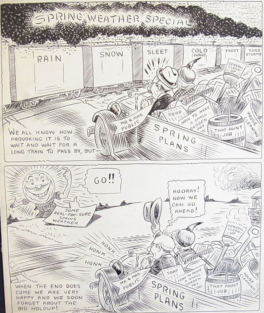 Larimer Fort Wayne Railroad Train Patience 1937 Ed: Larimer Fort Wayne Railroad Train Patience 1937 Editorial Original Political Illustration Cartoon Newspaper Pen and Ink Drawing Description: Larimer Fort Wayne Railroad Train Patience 1937 Editoria