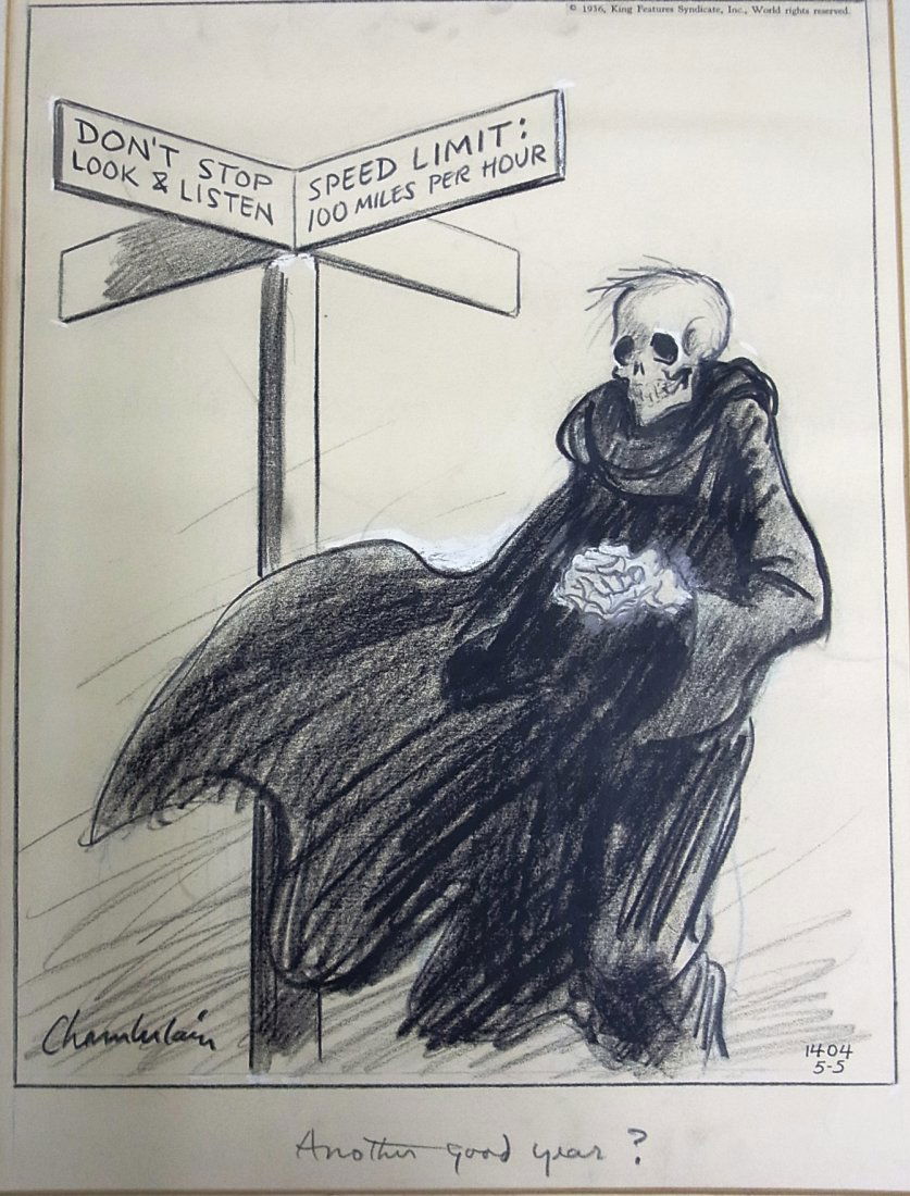 Ken Chamberlain Railroad Crossing Safety with Deat: Ken Chamberlain Railroad Crossing Safety with Death Personified as Skull Skeleton Macabre Spectre Horror King Features Syndicate Exhibited at the Art Institute of Chicago 1939 with Howard exhibition l