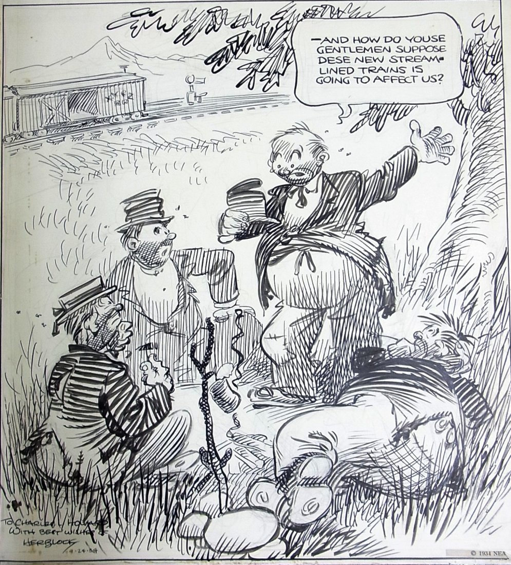 HERBLOCK Herbert Block 1934 The Railroad Situation: HERBLOCK Herbert Block 1934 The Railroad Situation Gets More and More Complicated W.E.A. Service Depression Hobos Tramps Worry About How To Hop New Streamlined Trains Signed Dedicated To Mr. Howard Im