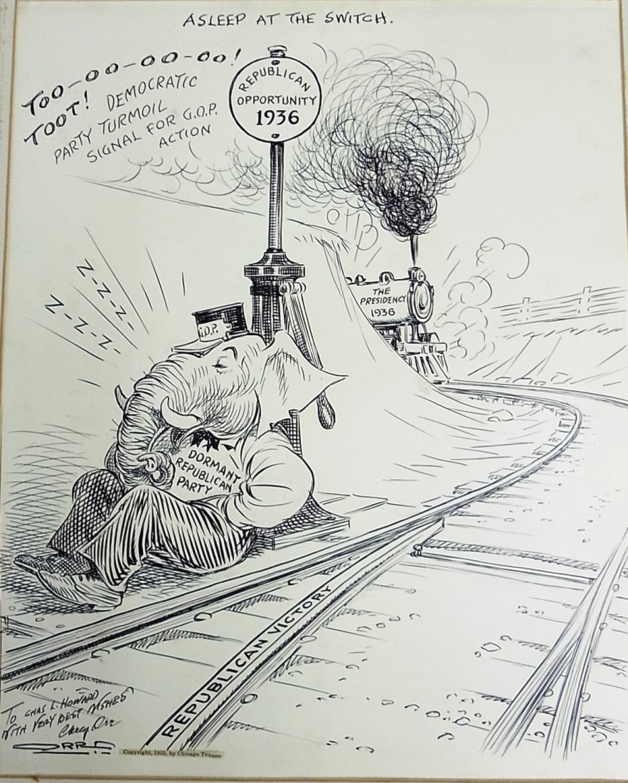 Carey Orr Chicago Tribune Republican Party as Elep: Carey Orr Chicago Tribune Republican Party as Elephant Asleep At The Switch 1936 Presidency Steams By As Locomotive Engine Railroad Train Theme Politics Signed Dedicated to Mr. Howard Lower Left Edito