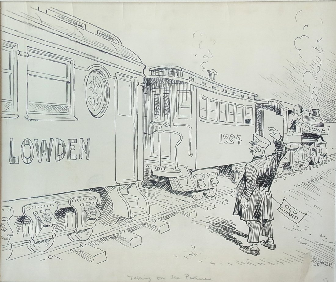 John De Mar Philadelphia Record 1924 Coolidge Taki: John De Mar Philadelphia Record 1924 Coolidge Taking On The Pullman Lowden Railroad Railcar Editorial Original Political Illustration Cartoon Newspaper Pen and Ink Drawing Description: John De Mar Phi
